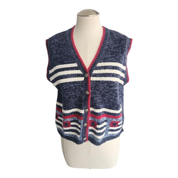 Christopher & Banks Patriotic Red White Blue Stripes Button Cardigan Vest L - Picture 1 of 9